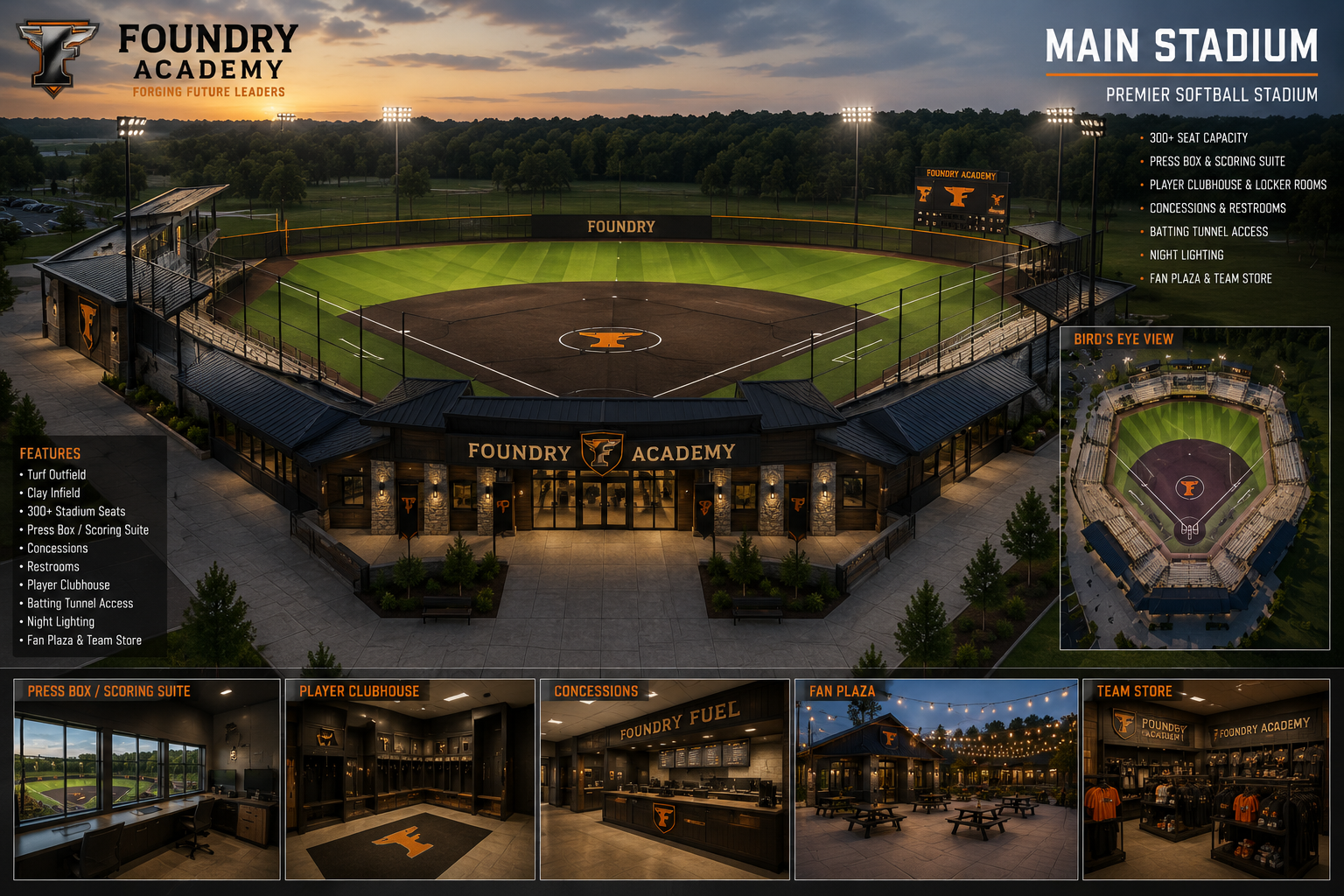 Foundry Academy Main Stadium overview — premier softball facility with 300+ seat capacity, press box, player clubhouse, and fan plaza